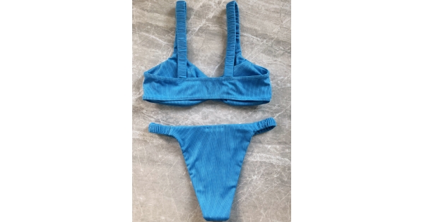 Ribbed Double Twist High Cut Bikini Swimwear Blue