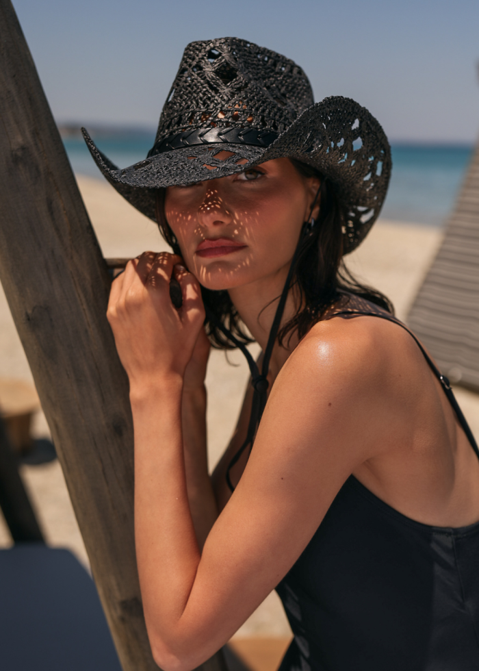 Black Cowboy Style Hat w/ Leather Strap - Image 2