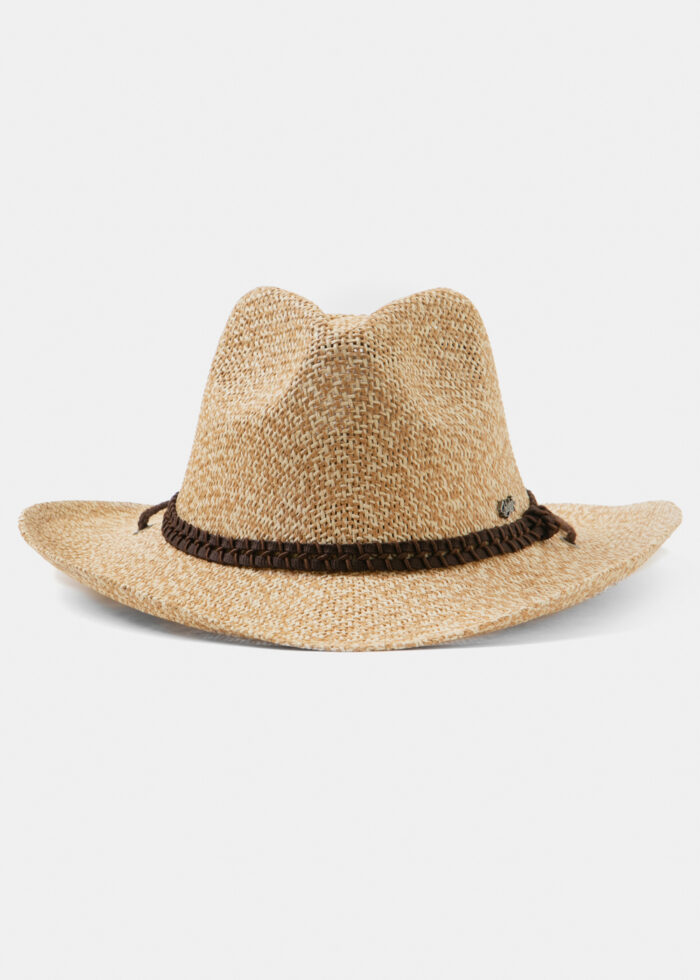 Beige Raffia Cowboy Style Hat w/ brown braided hatband & neck cord - Image 3