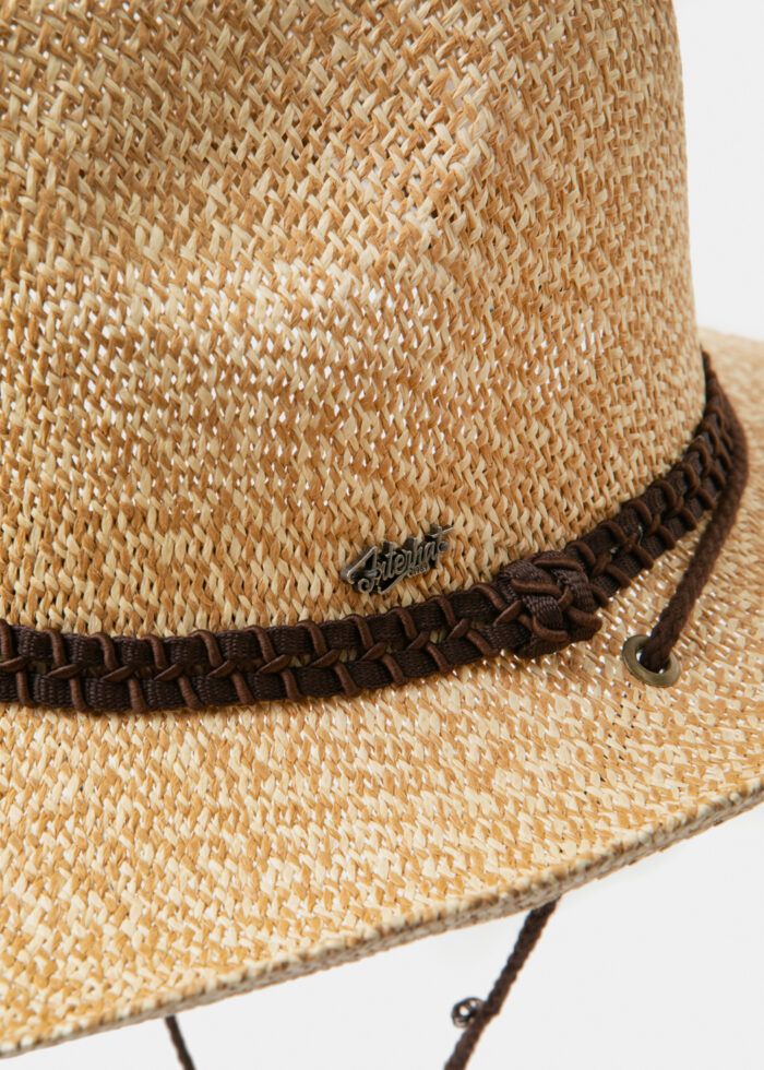 Beige Raffia Cowboy Style Hat w/ brown braided hatband & neck cord - Image 4