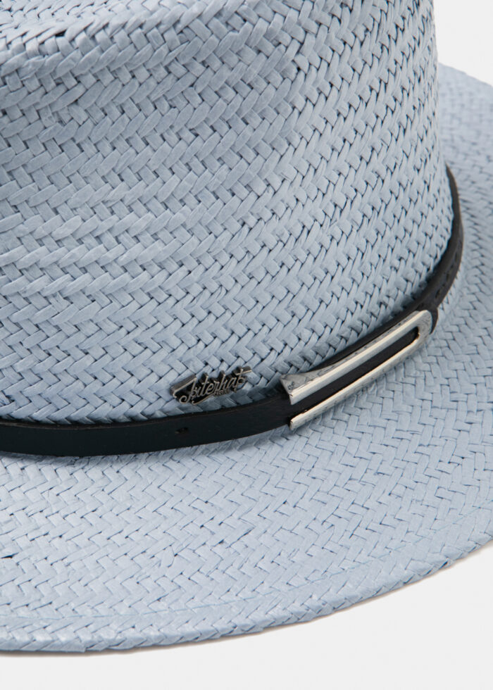 Light Blue Panama Style Hat w/ black leather belt - Image 3