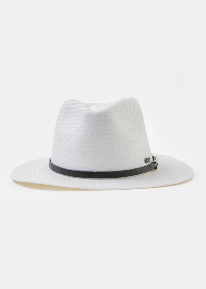 White Panama Style Hat w/ black leather belt - Image 3
