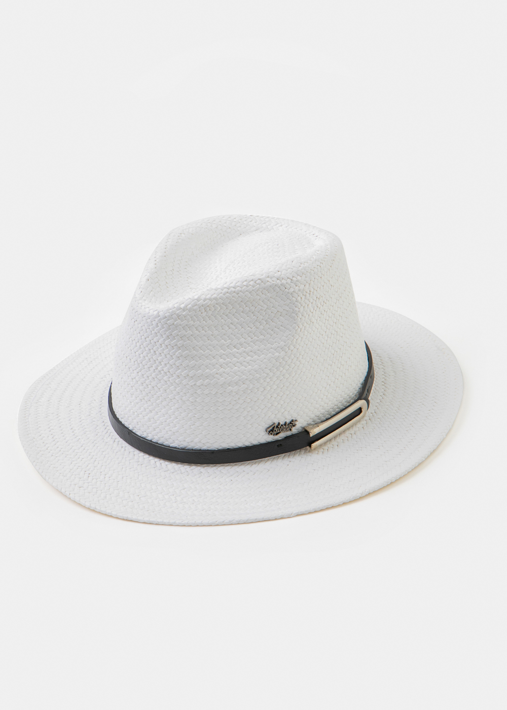 _17A2501 White Panama Style Hat w/ black leather belt - Image 1