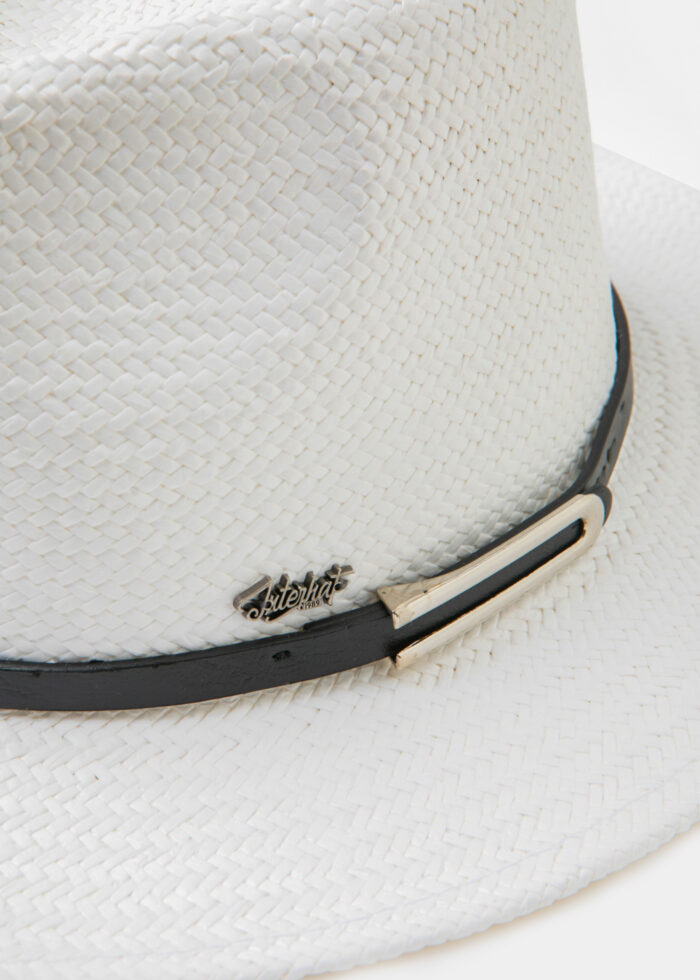 White Panama Style Hat w/ black leather belt - Image 4