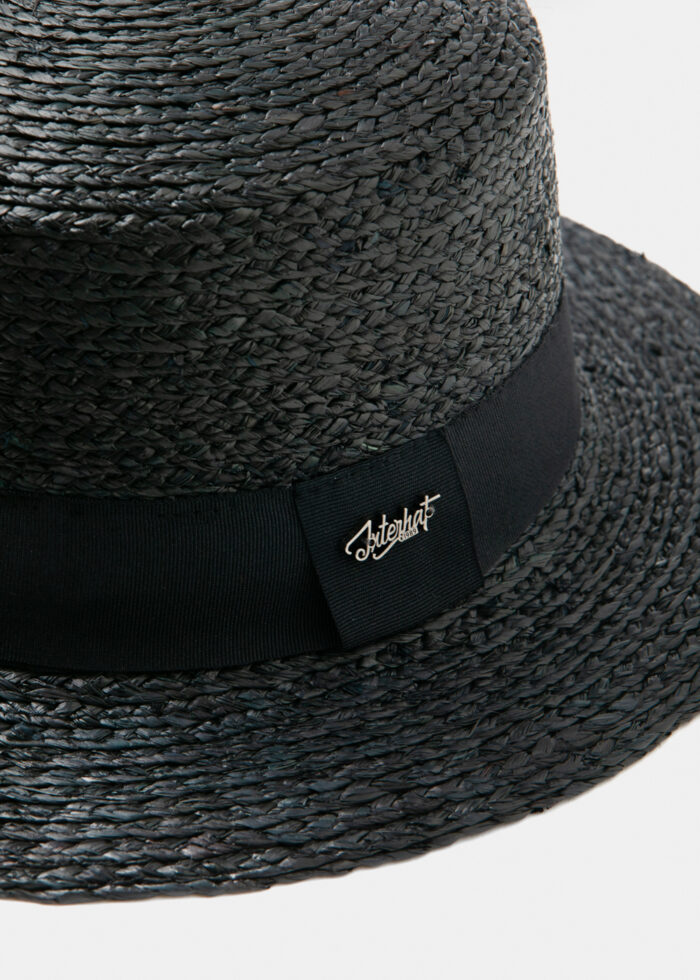 Black Raffia Boater Hat w/ black hatband - Image 3