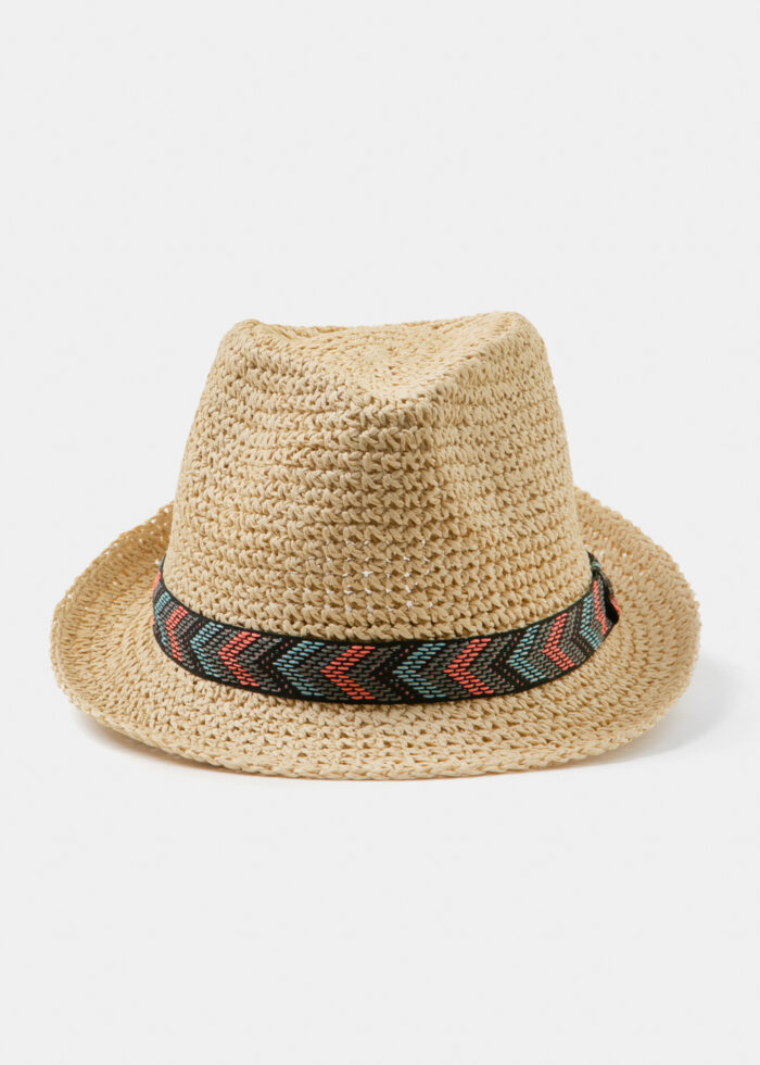 Beige Fedora Hat w/ multicolor hatband - Image 2