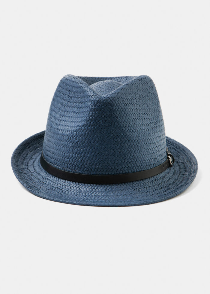Navy Natural Straw Fedora Hat w/ navy leather belt - Image 2