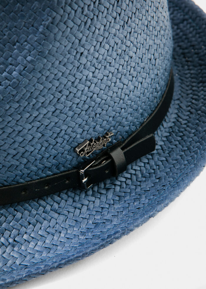Navy Natural Straw Fedora Hat w/ navy leather belt - Image 3