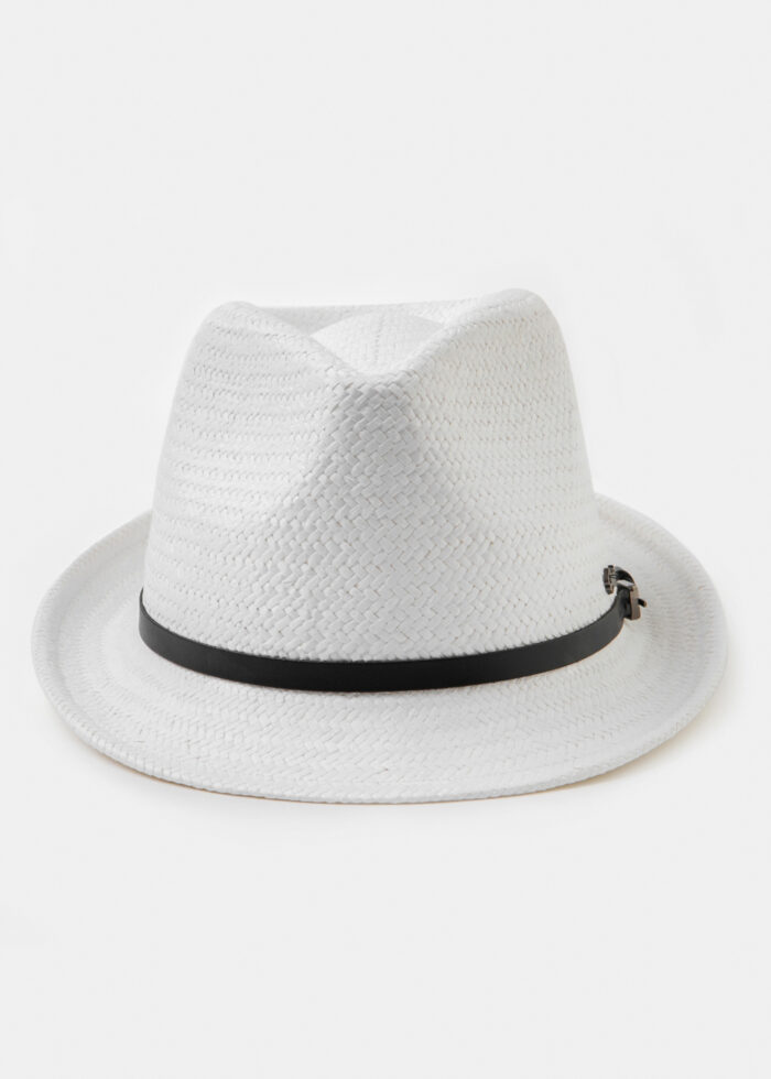 White Natural Straw Fedora Hat w/ black leather belt - Image 2