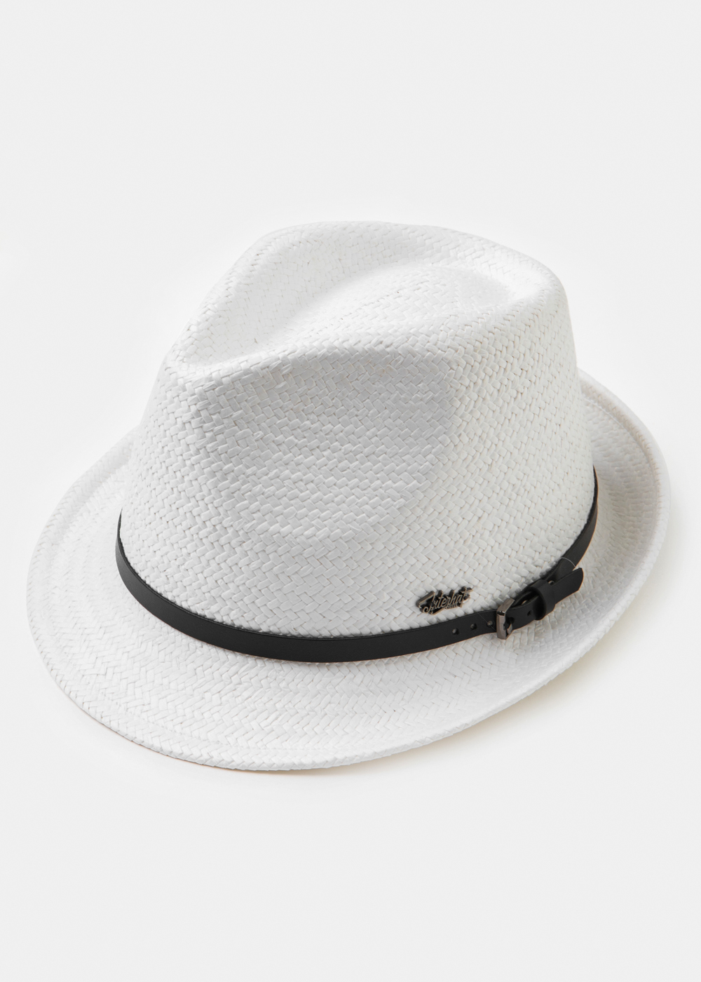 _17A2658 White Natural Straw Fedora Hat w/ black leather belt - Image 1
