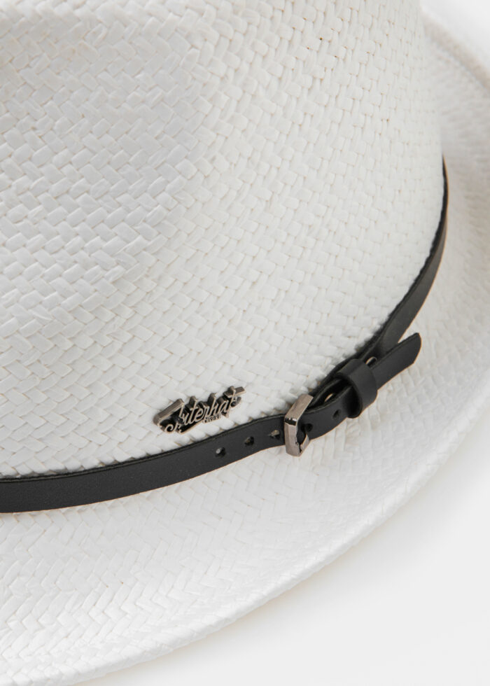 White Natural Straw Fedora Hat w/ black leather belt - Image 3