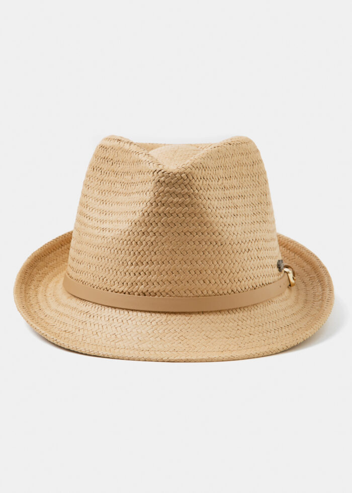 Beige Natural Straw Fedora Hat w/ beige leather belt - Image 2
