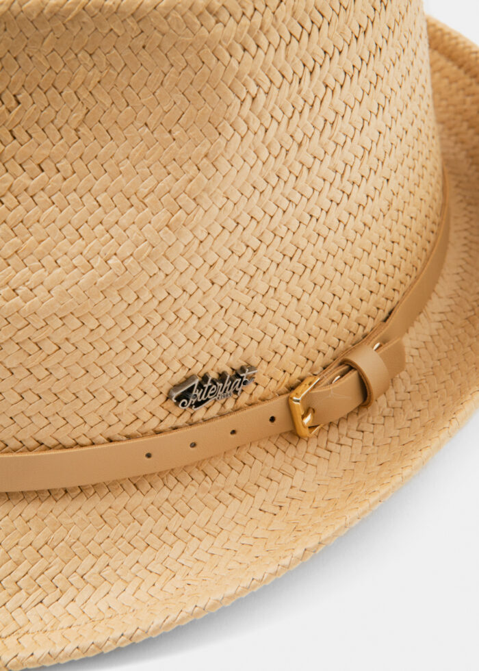 Beige Natural Straw Fedora Hat w/ beige leather belt - Image 3