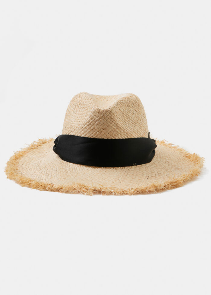 Beige Raffia Panama Style Hat w/ black neck ribbon - Image 3