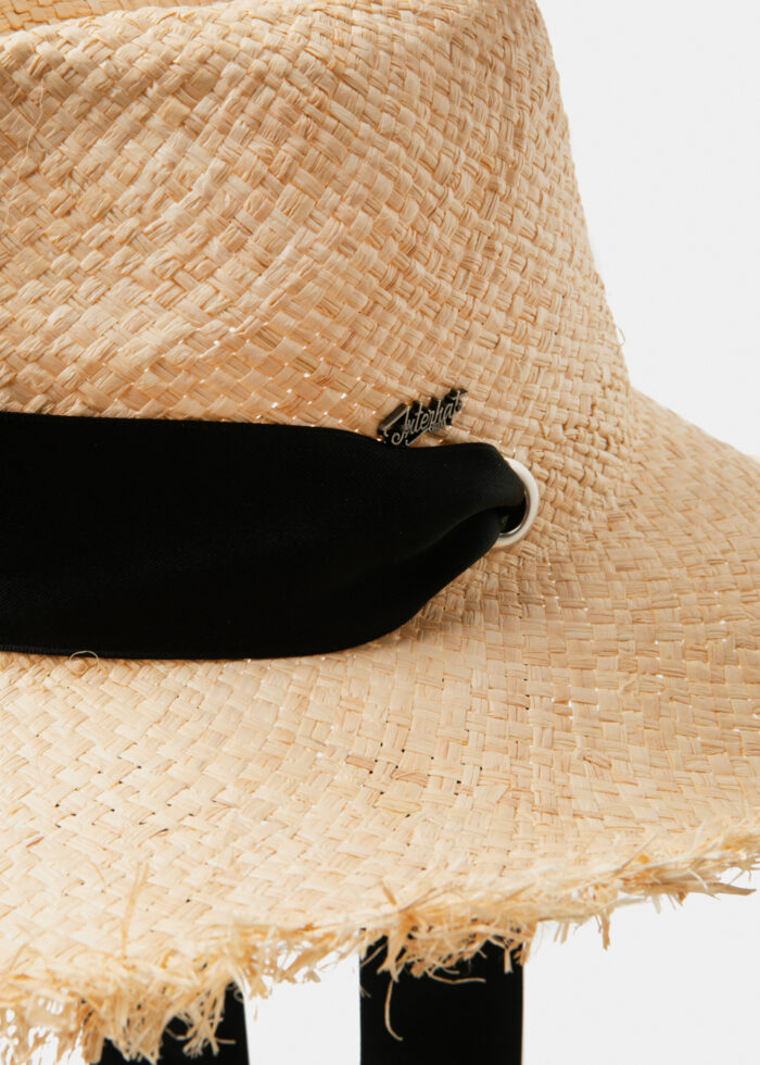 Beige Raffia Panama Style Hat w/ black neck ribbon - Image 4