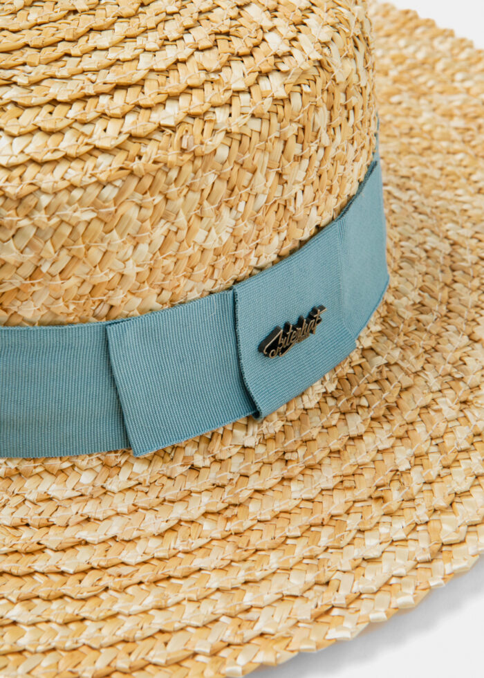 Straw Venice Style Hat w/ grey ribbon - Image 3