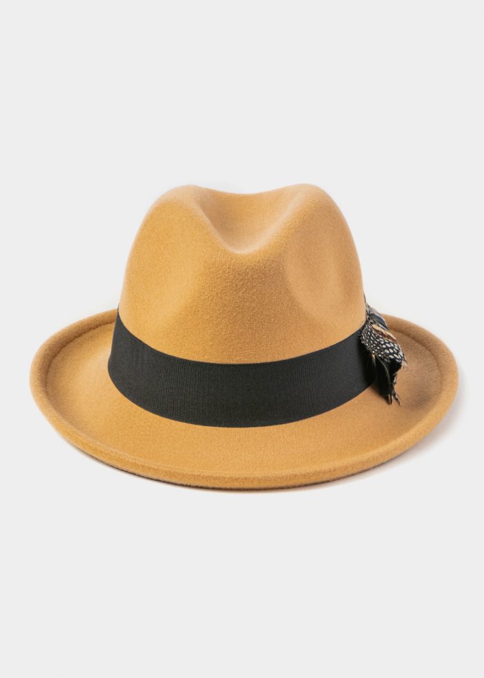 Camel Winter Hat w/ Black Hatband and Feathers - Image 3