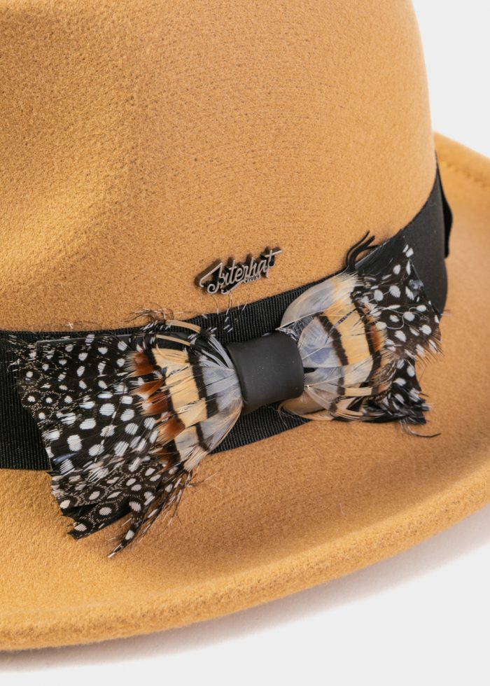 Camel Winter Hat w/ Black Hatband and Feathers - Image 2