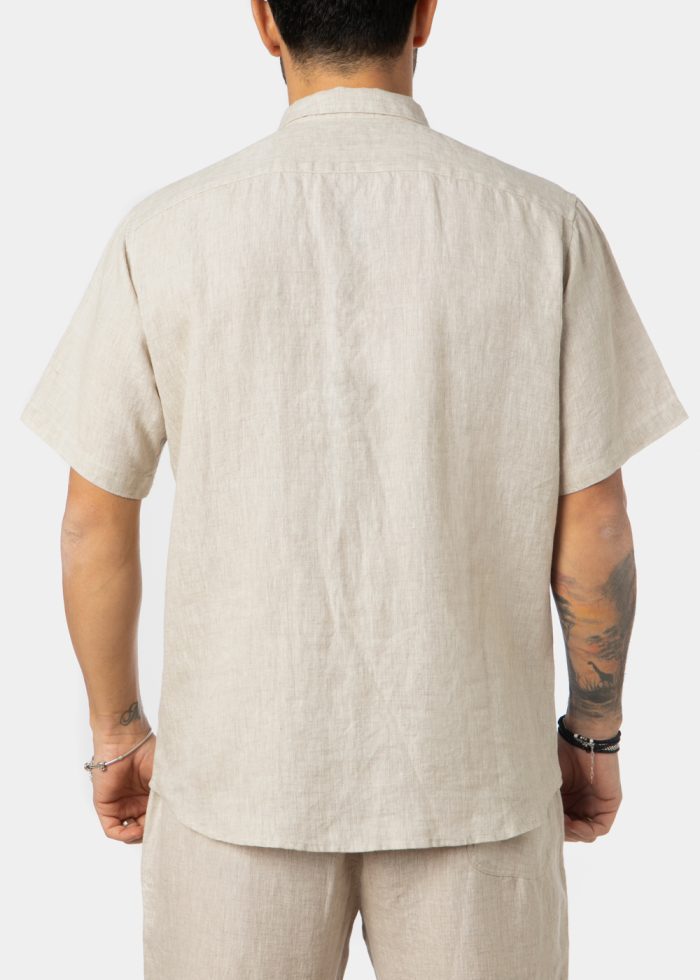 100% Linen Natural Beige Classic Shirt w/ Short Sleeves - Image 2