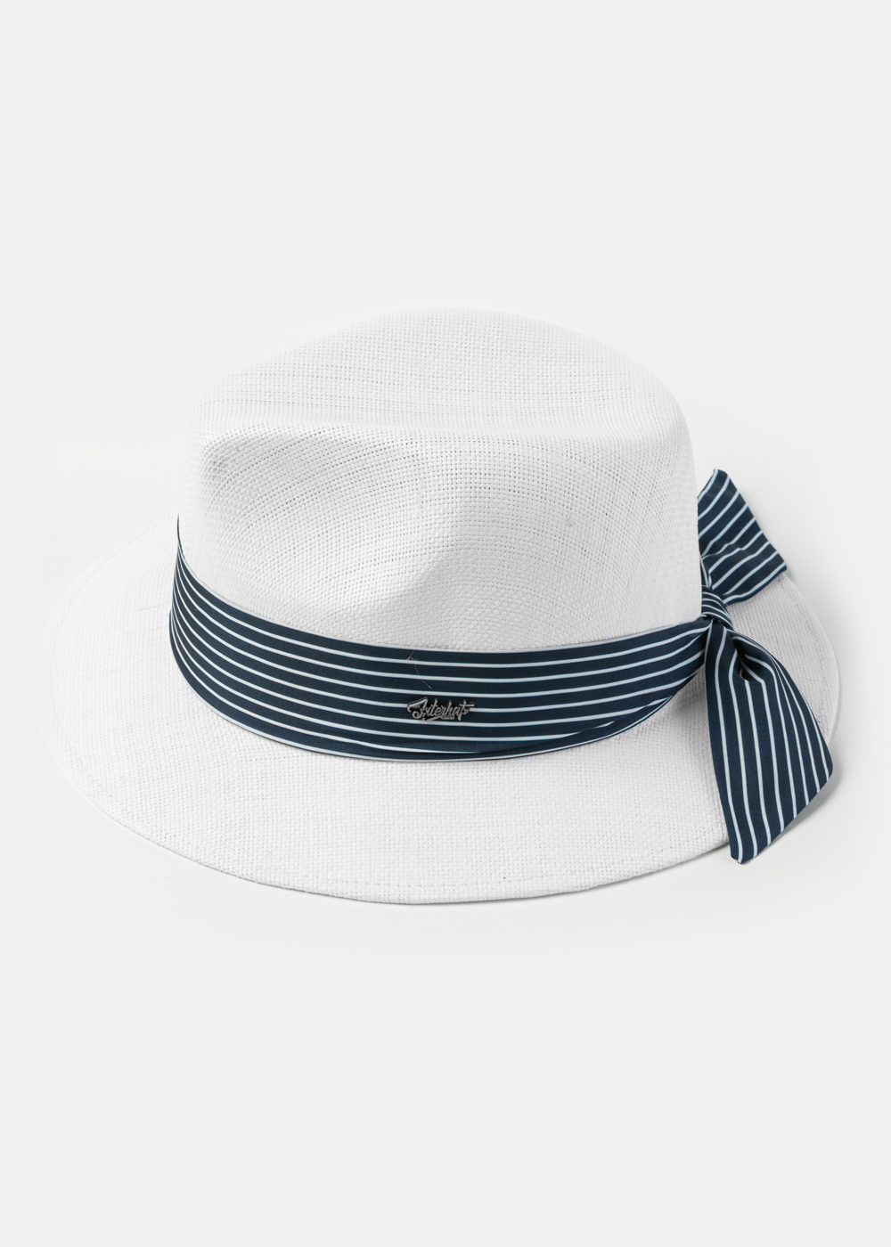 White Panama Style Hat w/ Striped Hatband White Panama Style Hat w/ Striped Hatband - Image 1