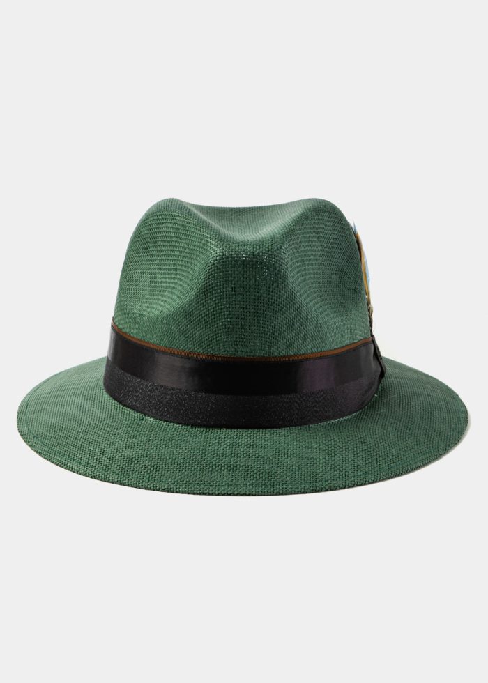 Forest Green Panama Style Hat w/ Black Hatband & Feathers - Image 2