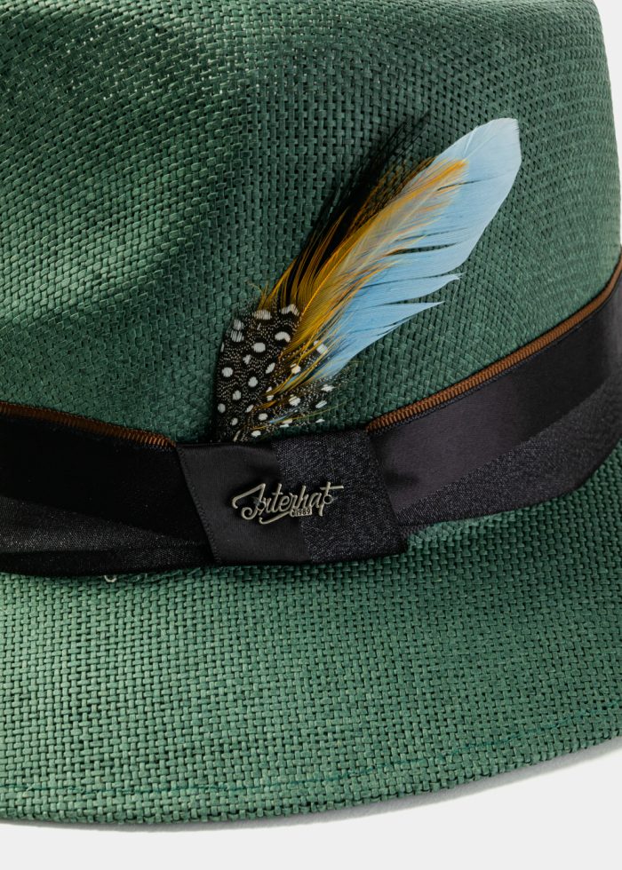 Forest Green Panama Style Hat w/ Black Hatband & Feathers - Image 3