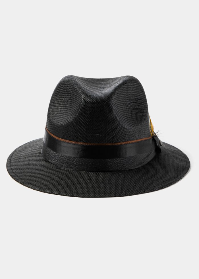 Black Panama Style Hat w/ Black Hatband & Feathers - Image 2