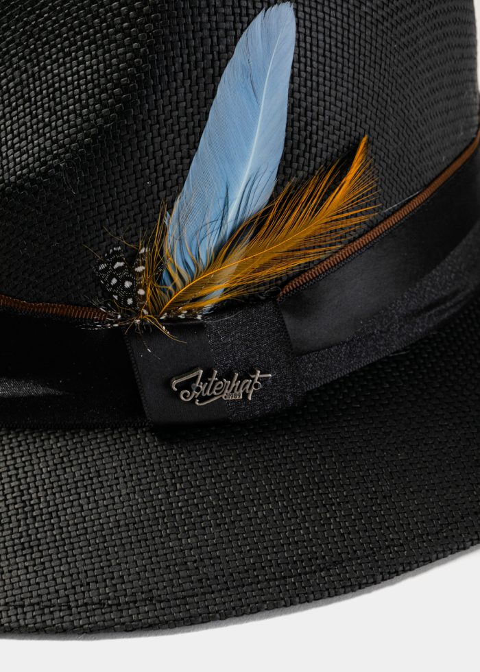 Black Panama Style Hat w/ Black Hatband & Feathers - Image 3