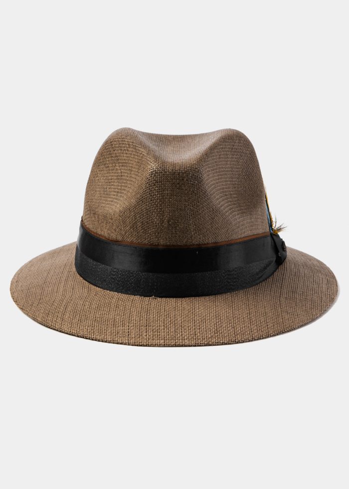 Brown Panama Style Hat w/ Black Hatband & Feathers - Image 2