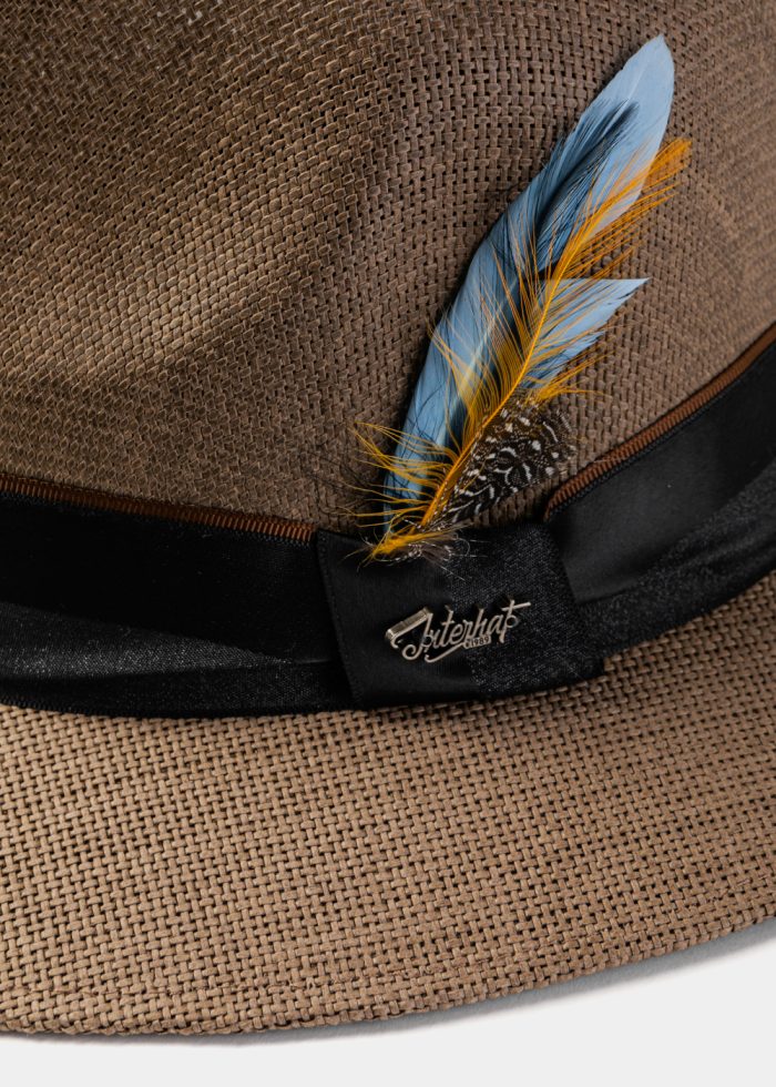 Brown Panama Style Hat w/ Black Hatband & Feathers - Image 3