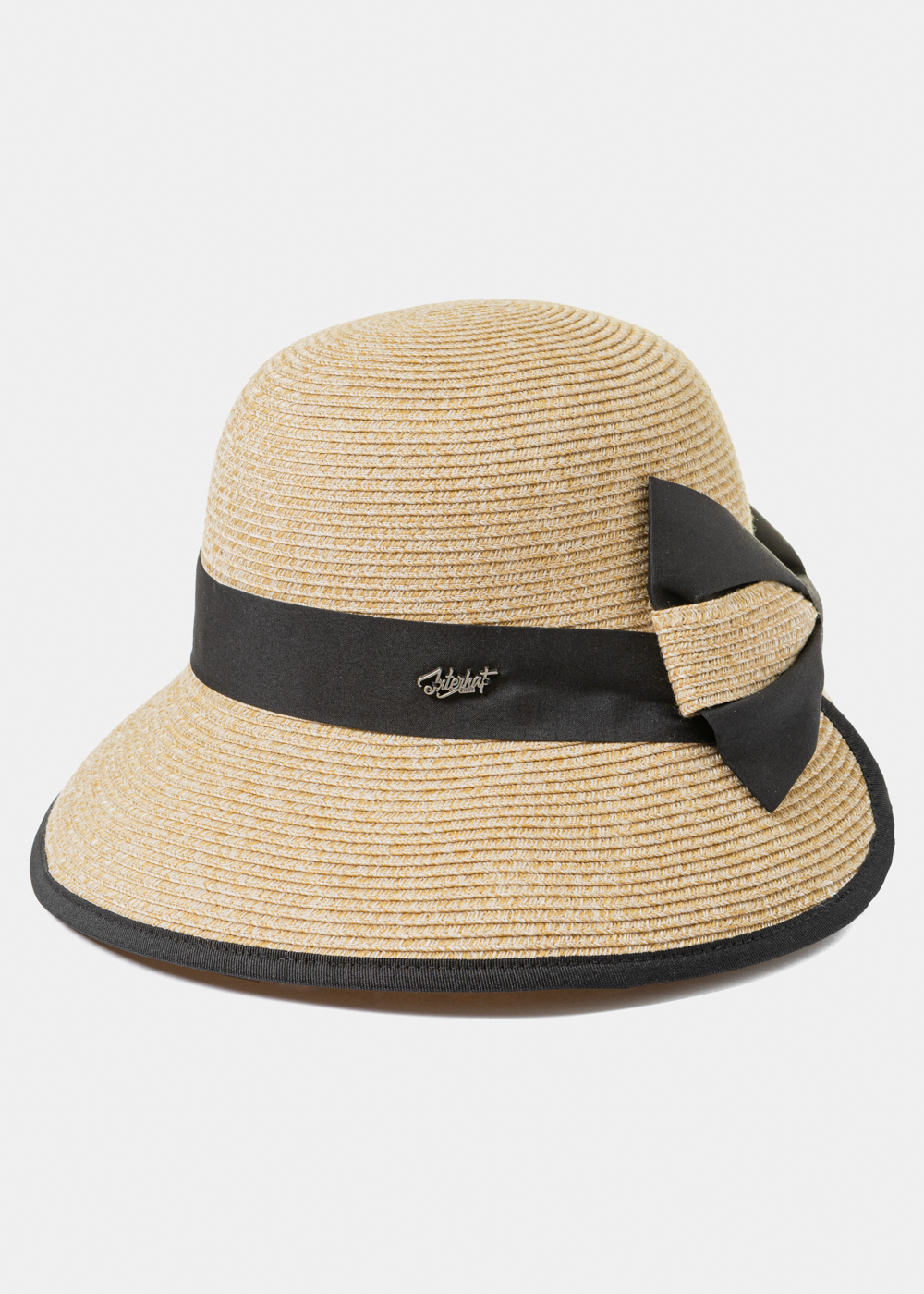 Mixed Brown Cut Straw Hat w/ Black Bow Mixed Brown Cut Straw Hat w/ Black Bow - Image 1