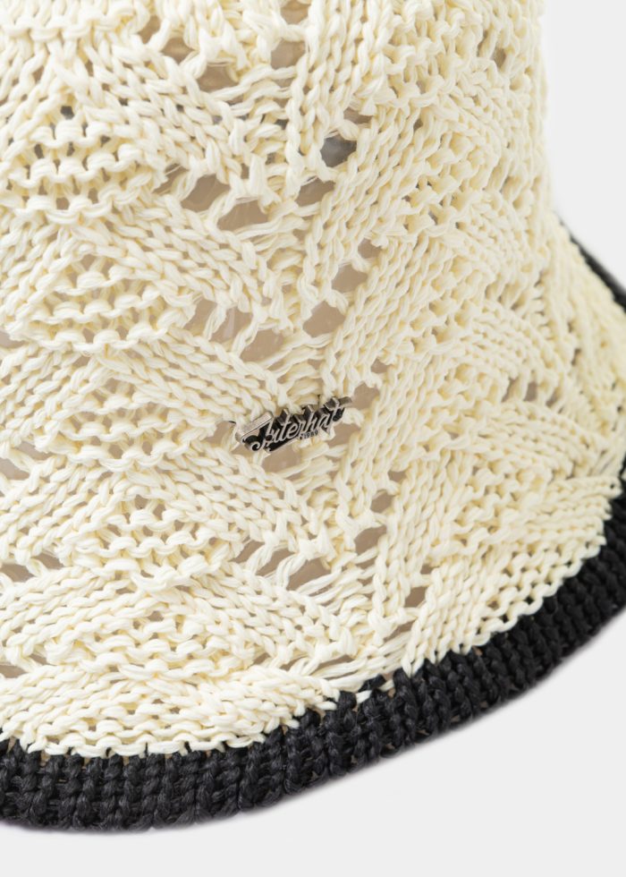Ecru Knitted Bucket Style Hat w/ Black Outline - Image 4