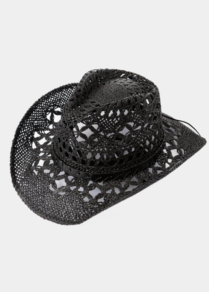 Black Cowboy Style Hat w/ Leather Strap - Image 3