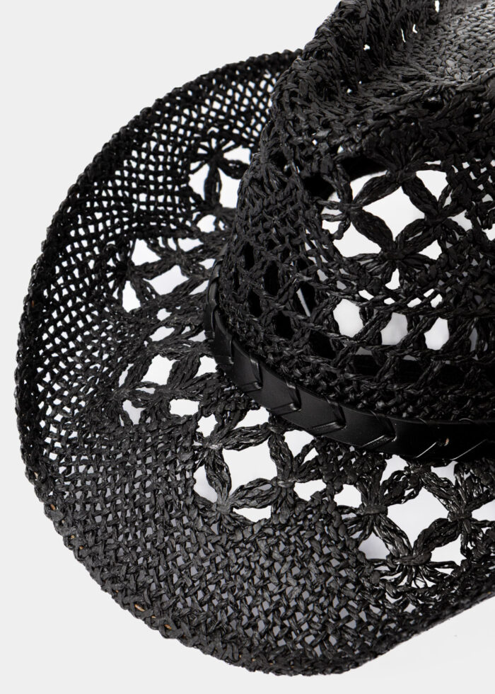 Black Cowboy Style Hat w/ Leather Strap - Image 4
