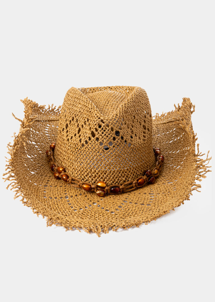 Brown Fringed Cowboy Style Hat w/ Brown Beaded Strap - Image 3