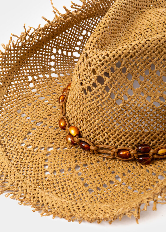 Brown Fringed Cowboy Style Hat w/ Brown Beaded Strap - Image 4