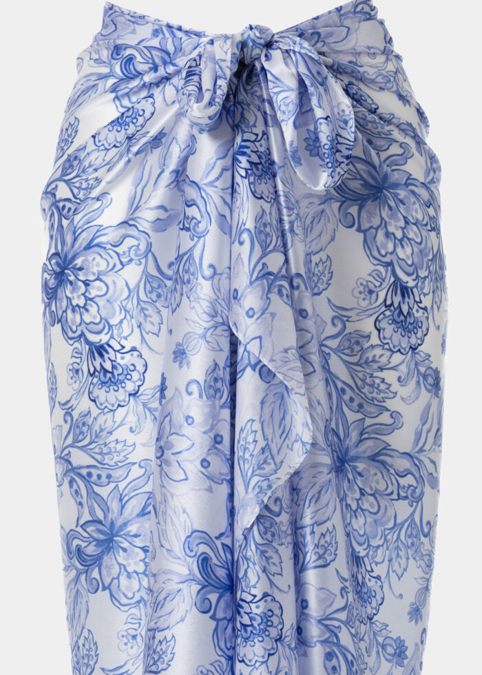 White Satin Pareo w/ Blue Flowers Design - Image 4