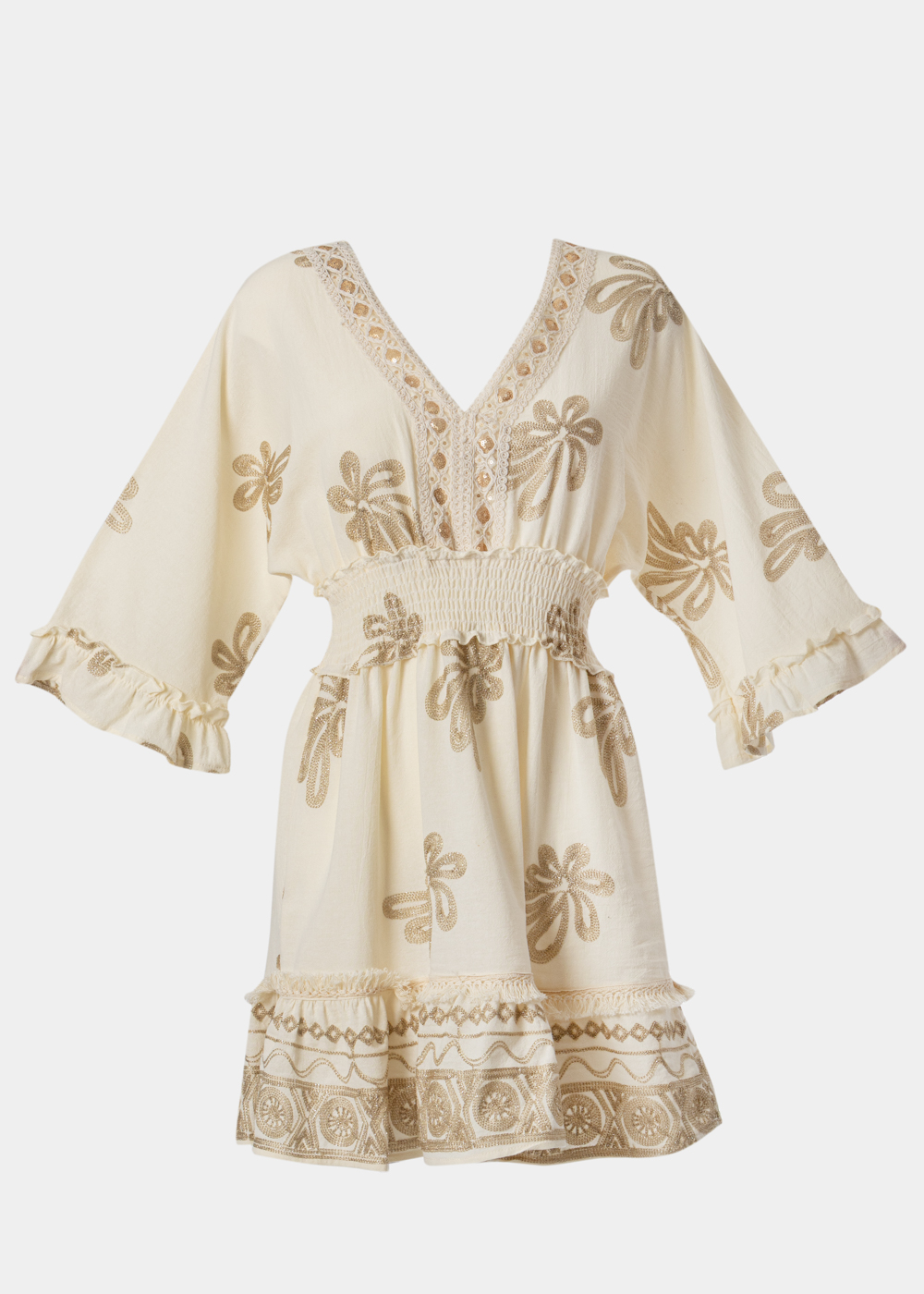 G28A7494 copy Beige & Gold Mini Dress w/ Embroidered Details - Image 1