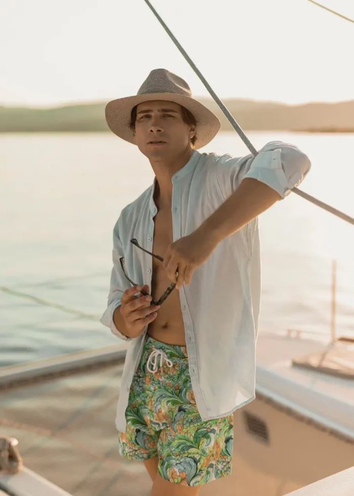 Light Grey Panama Style Hat w/ Olive Hatband - Image 3