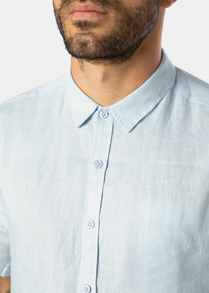 100% Linen Light Blue Classic Shirt w/ Short Sleeves - Image 3