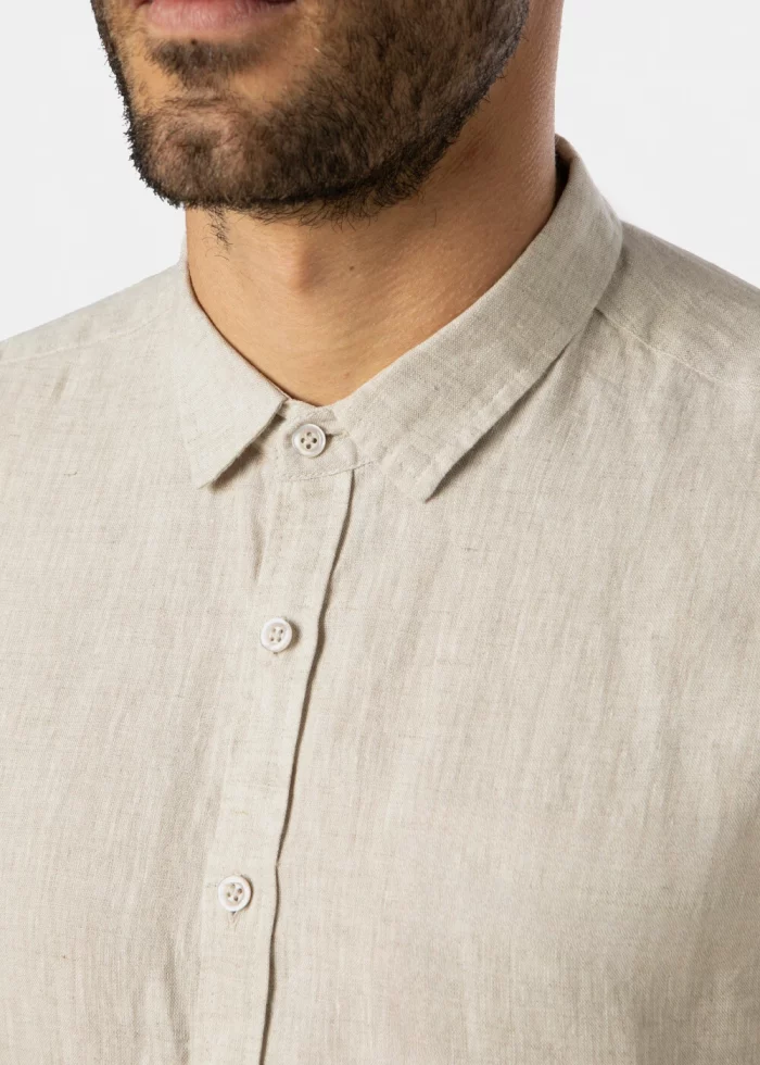 100% Linen Natural Beige Classic Shirt w/ Short Sleeves - Image 3