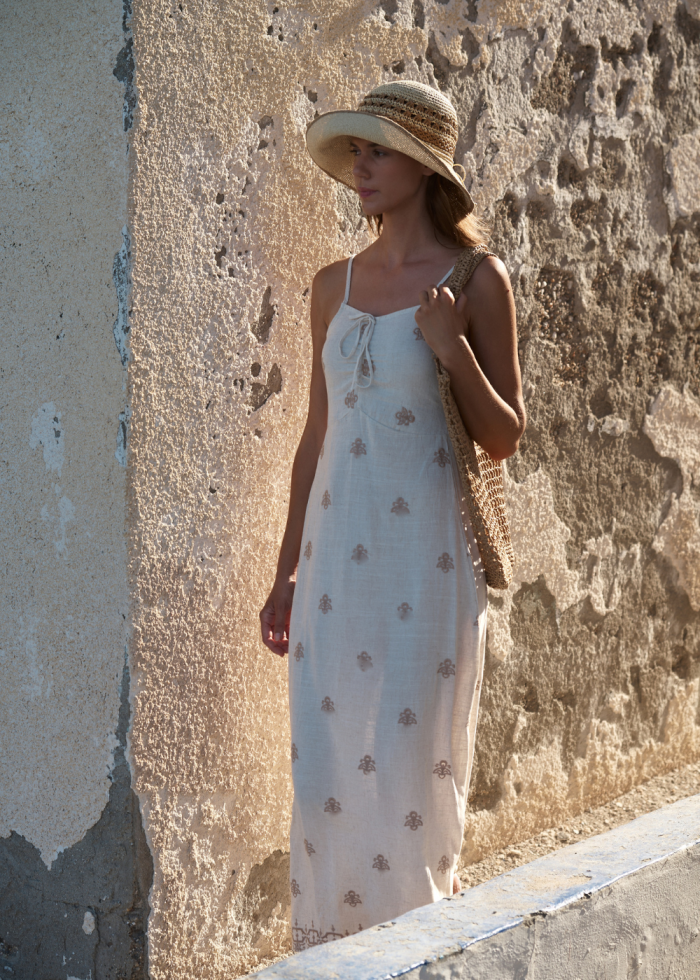 Beige Linen Maxi Dress w/ Gold Embroidered Flowers - Image 3