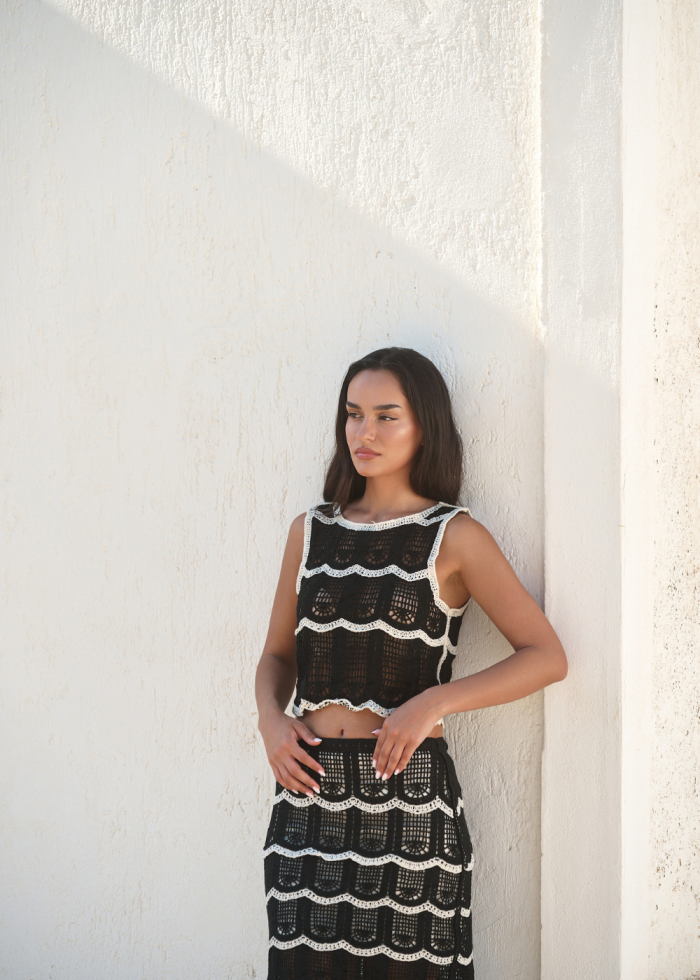 Black & Cream Knitted Top & Skirt Set - Image 3