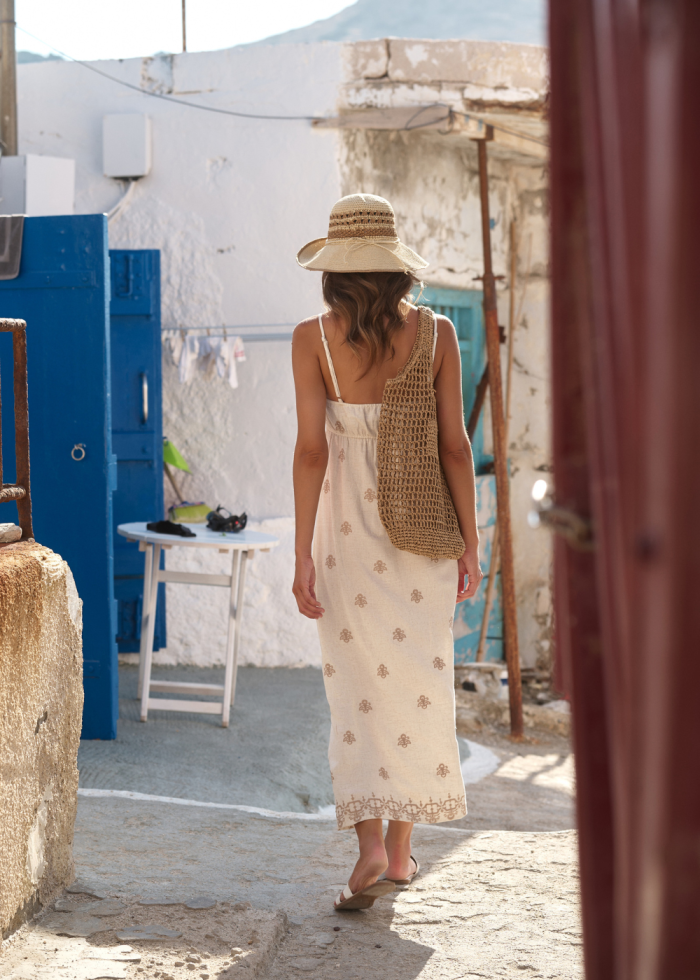 Beige Linen Maxi Dress w/ Gold Embroidered Flowers - Image 2