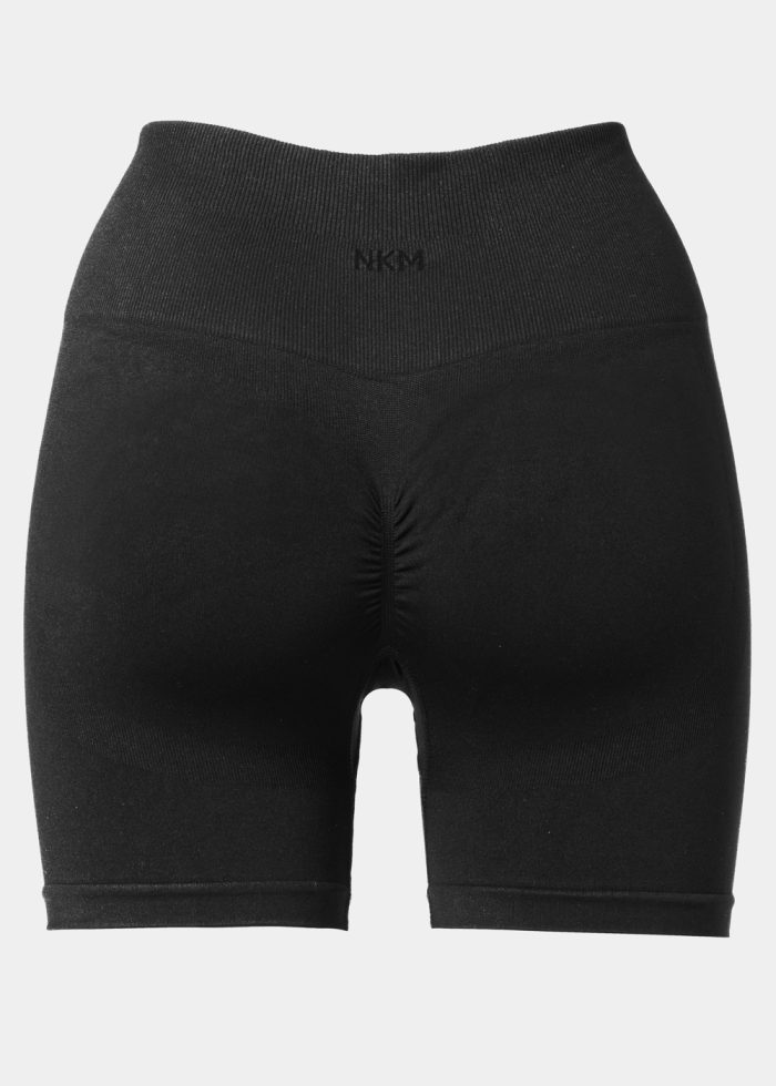 Black Seamless Ruched Back Sports Long Shorts - Image 2